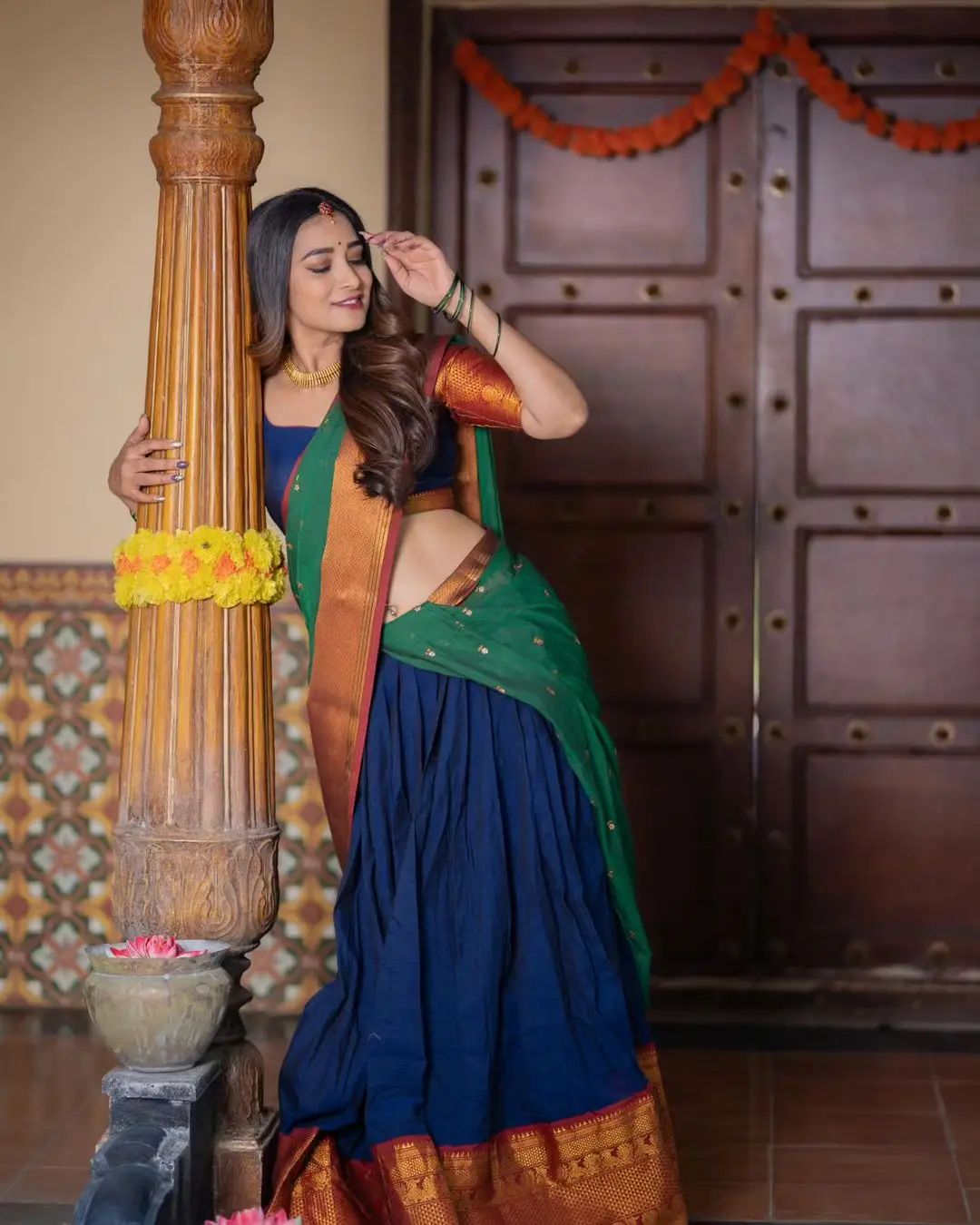 ETV Actress Bhanu Sri in Beautiful Blue Lehenga Choli Green Voni